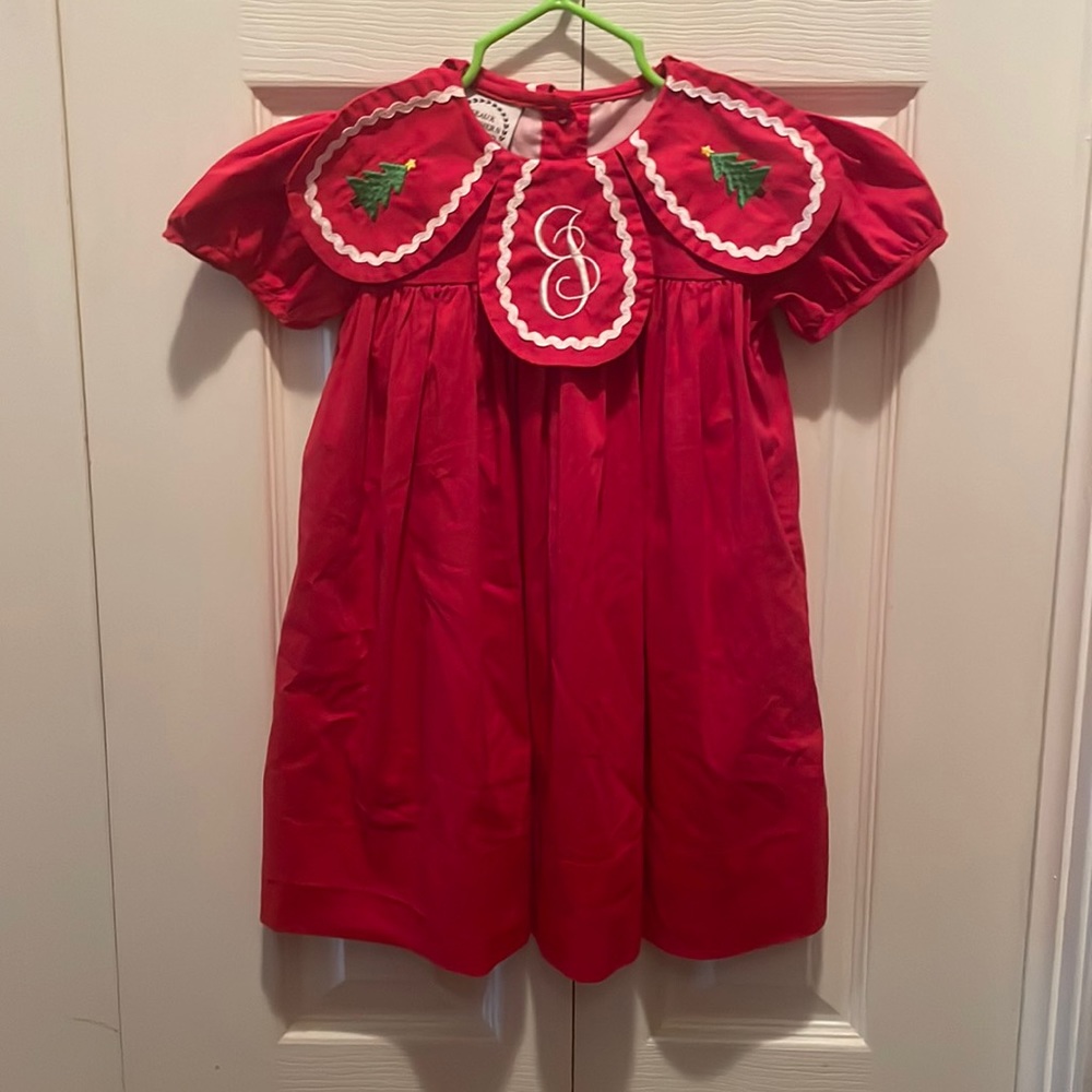 Monogrammed “J” Christmas Dress with embroidery trees on scalloped hem neckline